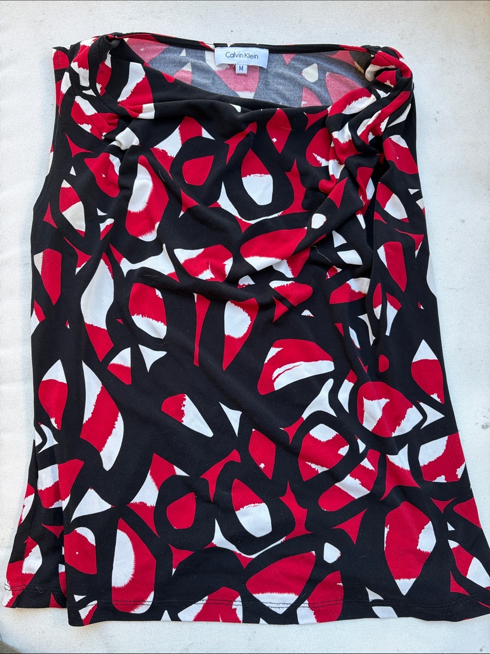 Calvin Klein Black Red White Abstract Draped Neck Top